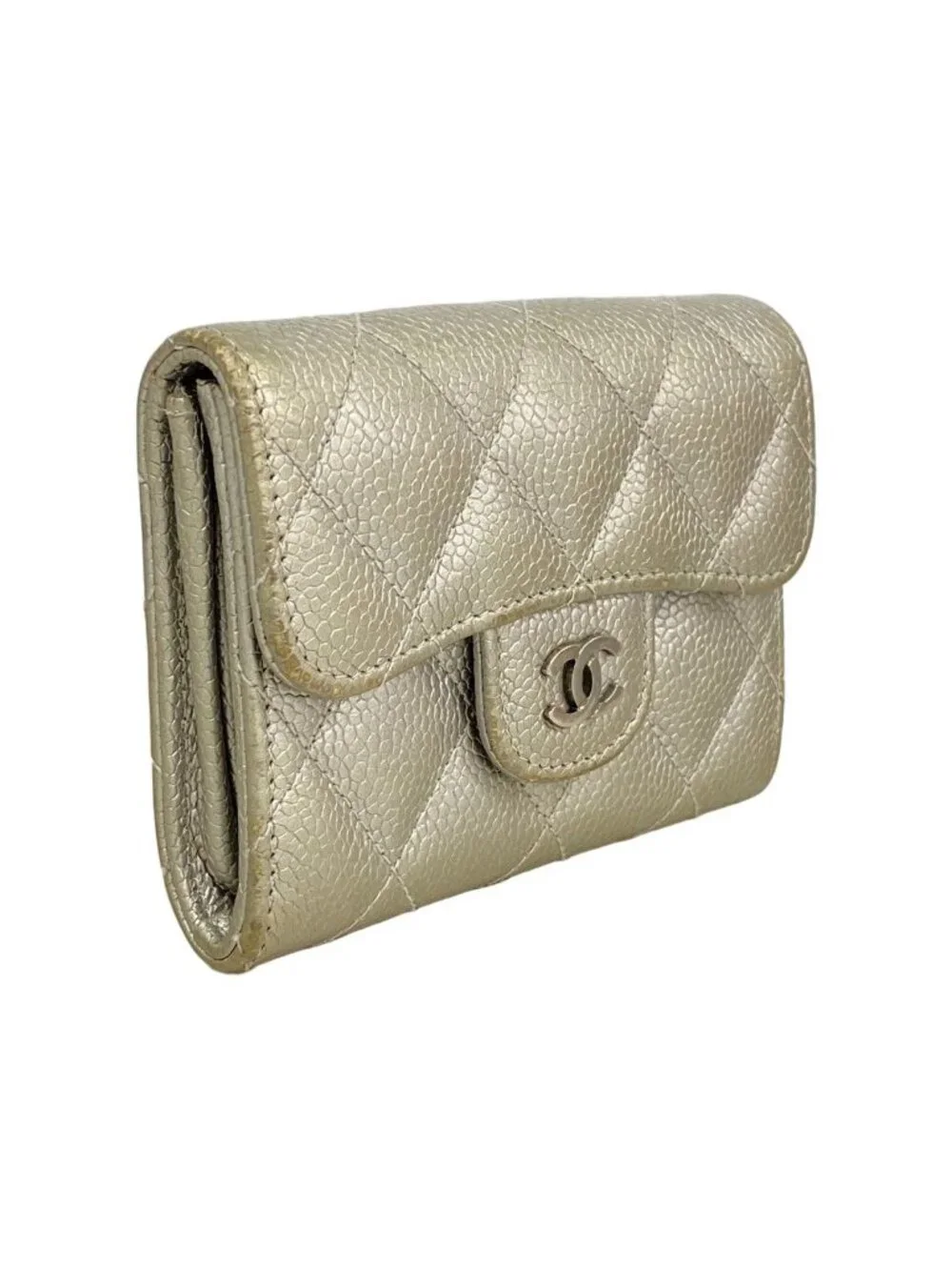 Chanel Card Case Quilted Caviar Leather Silver